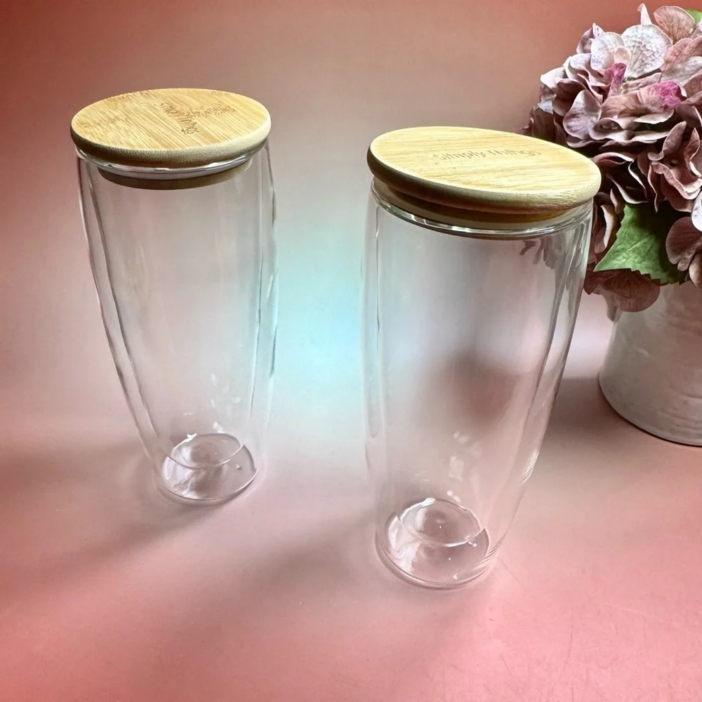 Double Walled Glass Tumblers With Bamboo Lid - set of 2. Approximately 26 ounce